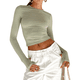 thumbnail image 3 of Camiseta Corta Ajustada para Mujer para Salir, Informal, de Color Liso, con Cuello Redondo y Larga Verde S, 3 of 8