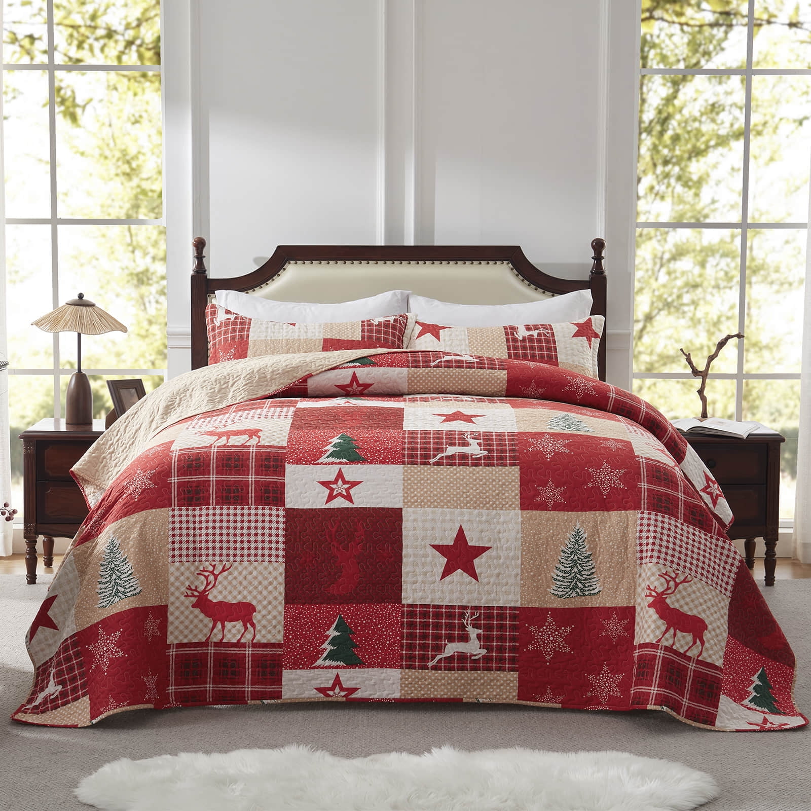 3-Piece Full/Queen Size Christmas Bedspread Coverlet Set - Christmas Quilt with 2 Pillow Shams, Microfiber