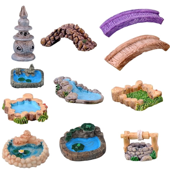 Fairy Garden Accents, 11 Pcs Miniature Bridge, Lighthouse, Water Well, and Pond Figurine Set for DIY Craft and Garden Decor