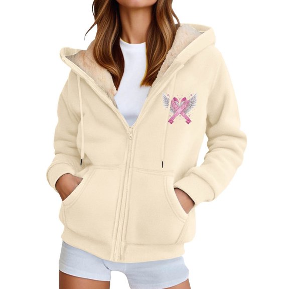 Luwomo Womens Casual Jackets Winter Warm Zip Up Hooded Long Sleeve Sweatshirt Cozy Lined Pullover Soft Outdoor Athletic with Pockets Tops Beige,L