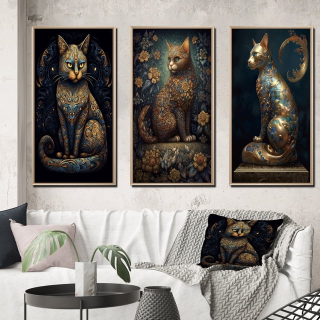 Designart "Glamorous Gold Cat Retro Blue" Animals Cat Framed Wall Art Set Of 3 - Blue Cat Frame Canvas Set For Living Room Decor