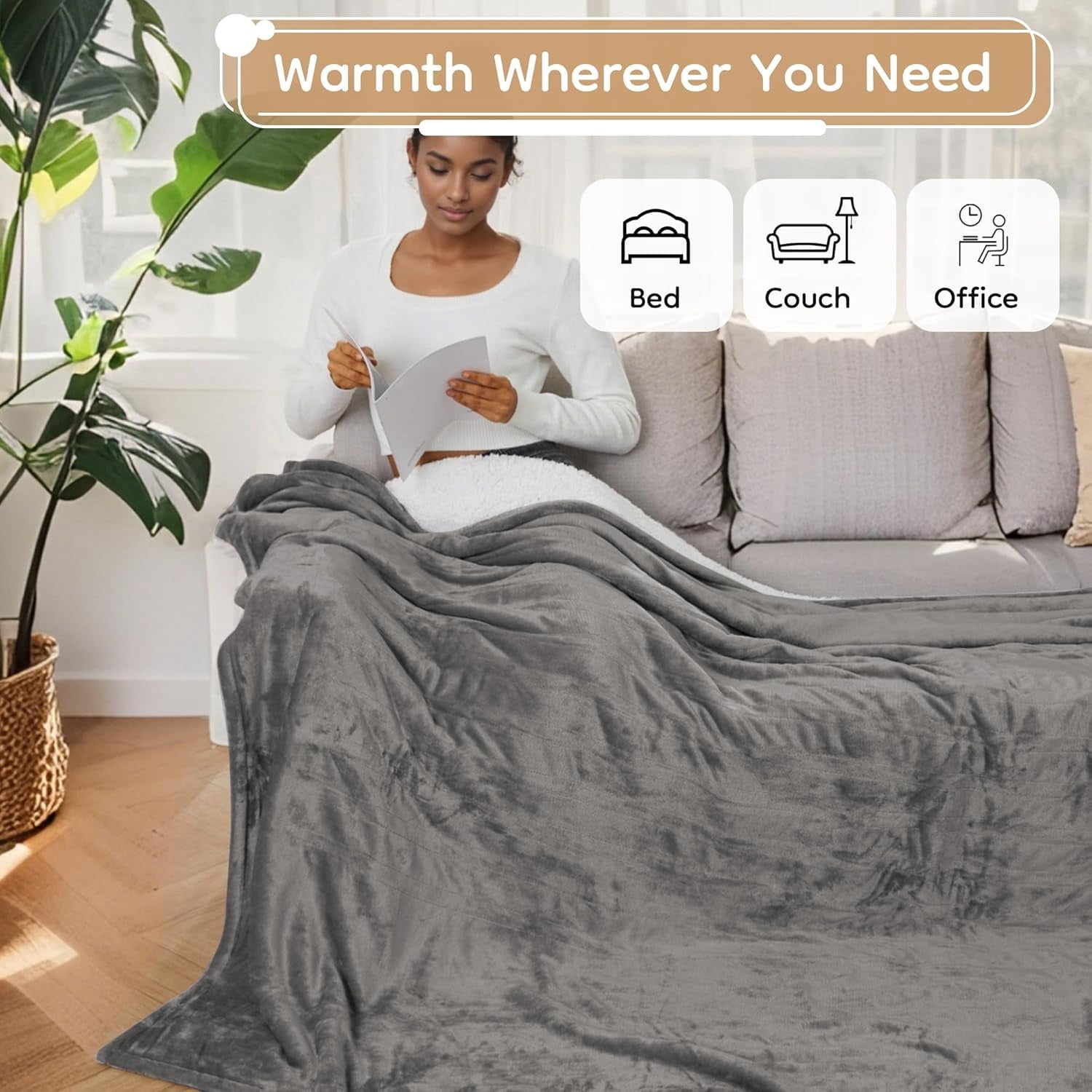 Electric Heated Blanket Full Size - 72"x84", Soft Flannel Heating Blanket, 10 Heating Levels, 1-12 H Auto Shut Off, Breathable Warm and Washable for Bed, Light Grey