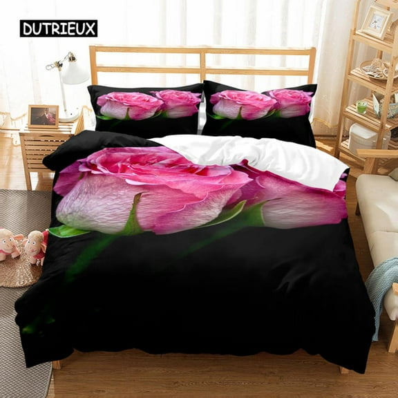 Pink Rose Duvet Cover Rose Twin Bedding Set for Valentine's Day Mother's Day Flower Theme Double Twi