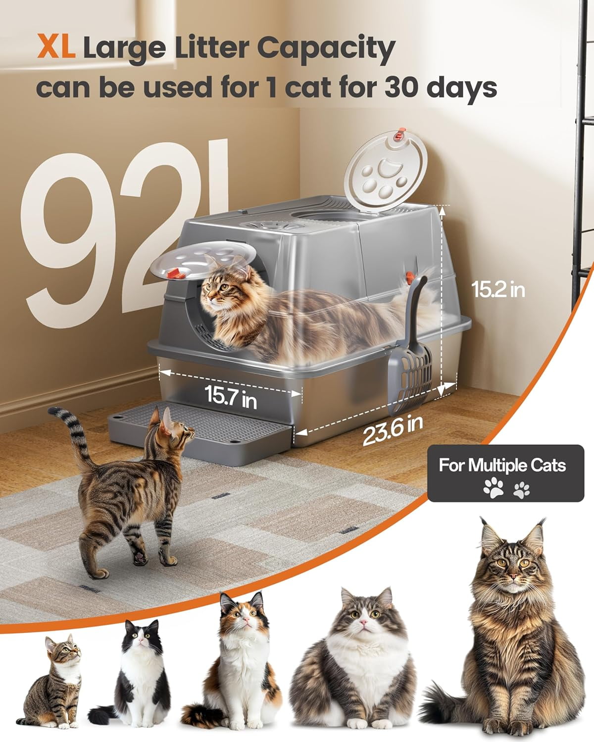 COURPAL® Stainless Steel Cat Litter Box With Lid - XL Large Enclosed/Open Litter Box With Anti Leakage Enclosure - Odor Free Hooded Litter Tray - Metal Covered Litter Pan Non-Stick Easy