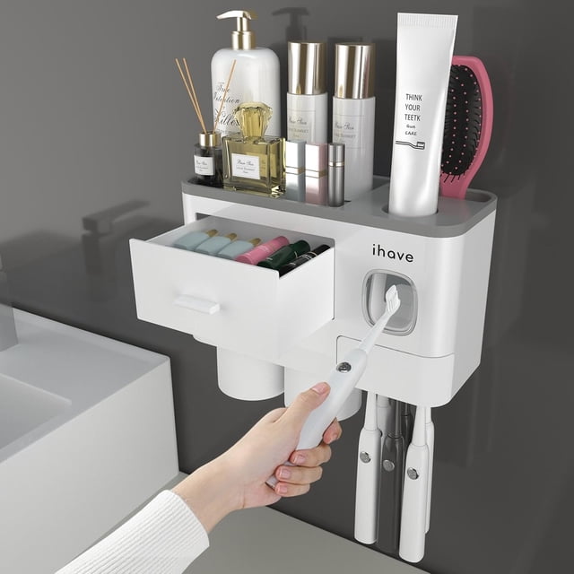 Toothbrush Holder for Bathroom Cups Toothbrush Holder Wall Mounted with Toothpaste Dispenser Large Capacity Tray Cosmetic Drawer Bathroom Storage & Bathroom Organizer