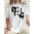 thumbnail image 1 of Women's Casual Crew Neck Short Sleeve T-Shirt, Polyester Blend (95% Polyester, 5% Spandex), Knit Fabric with Medium Stretch, Geometric Gesture Eye Pattern Print, Black Graphic Tee for All Seasons, Co, 1 of 6