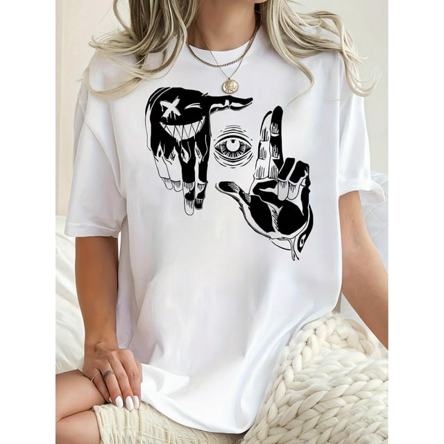 Women's Casual Crew Neck Short Sleeve T-Shirt, Polyester Blend (95% Polyester, 5% Spandex), Knit Fabric with Medium Stretch, Geometric Gesture Eye Pattern Print, Black Graphic Tee for All Seasons, Co