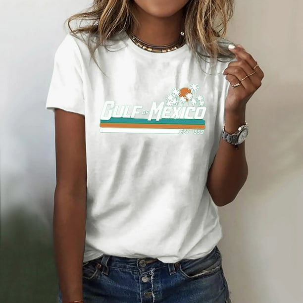 MKLEKYY Playeras De Algodon Mujer Camisa De Manga Corta Con Cuello Redondo Y Estampado Liso Informal Para Mujer Talla M