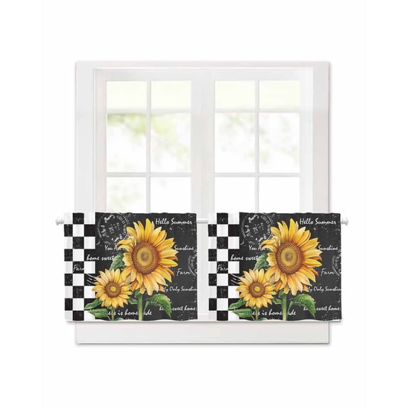Sunflower Short Blackout Curtains 24 Inch Long Farmhouses Countryside Vintage Floral Plaid Rod Pocket Kitchen Curtains, 2 Panels Thermal Insulated Darkening Drapes for Bedroom, 42"W x 24"L