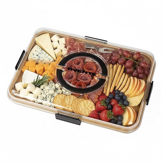 OVENTE Bamboo Charcuterie Board with Clear Locking Lid, Brown B011713B | 16.5" x 12.6" Bamboo Food Serving Tray, Built-In Handles, Portable Cheese Platter for Entertaining and House Warming Gifts