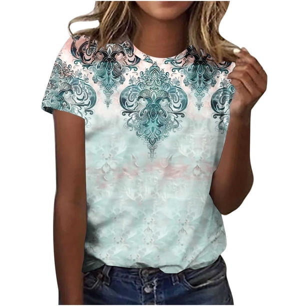 Tops de Ajuste Suelto para las Mujeres Sudadera Casual Impresa Manga Corta Cuello Redondo Superior, Poliéster