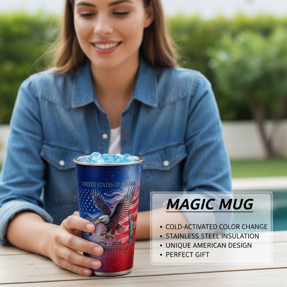Patriotic Color Changing Cups, 250th Anniversary USA Stainless Steel Tumbler 16.9 oz, Cold Activated Red White Blue Reusable Drinking Mug