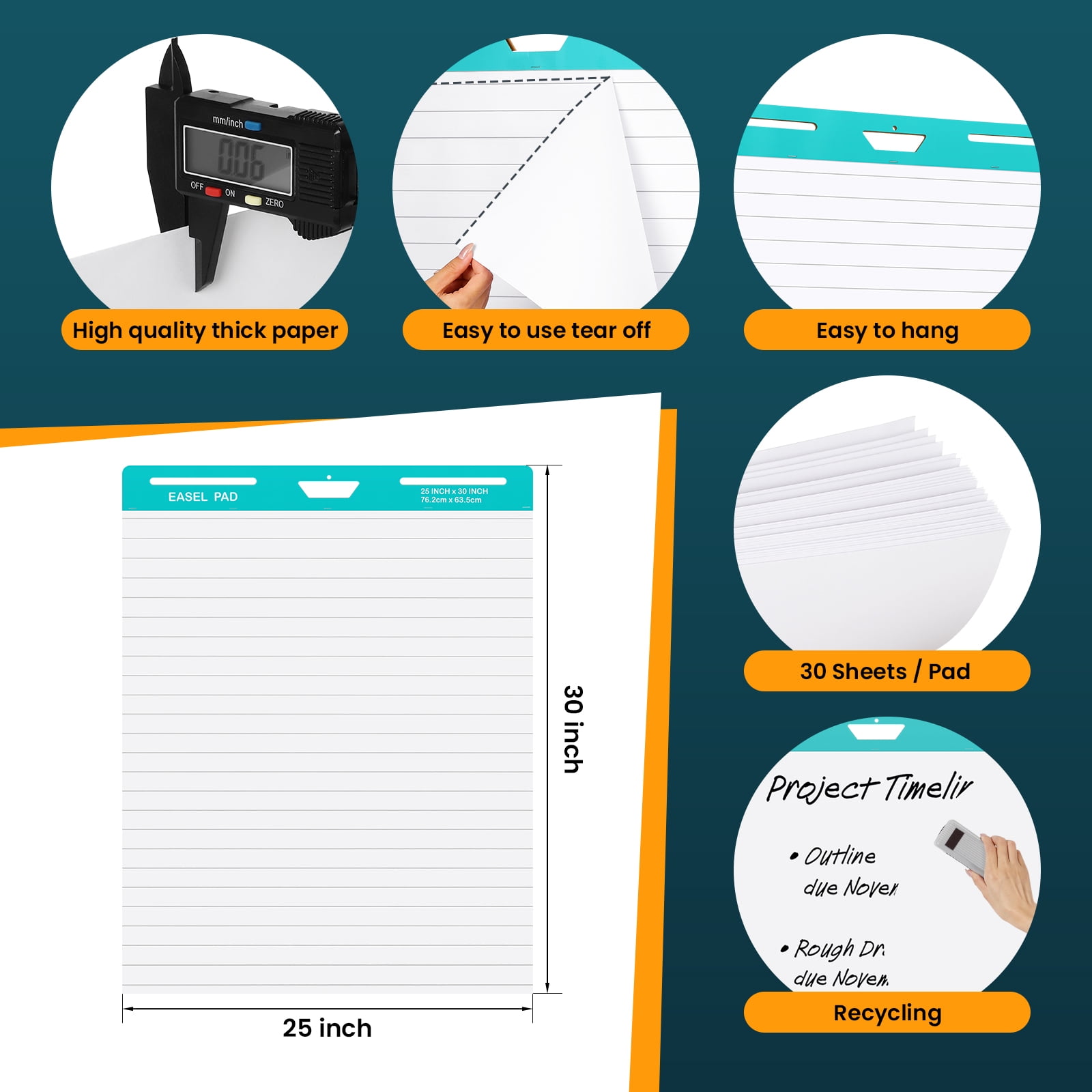 Lined Sticky Easel Pad, 25 x 30 Inch, White, 30 Sheets/Pad, 6 Pads/Pack, Flip Chart Paper for Teachers,Large Self-Stick Easel Paper, Super Sticking Power & Bleed-Resistant