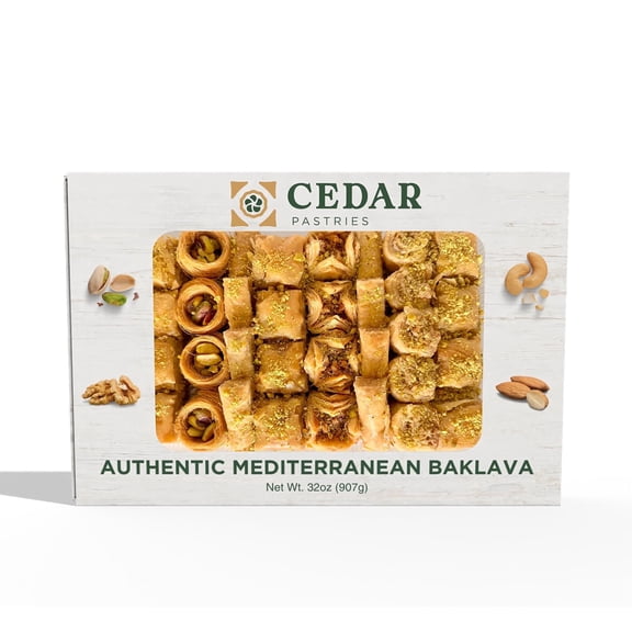 Cedar Pastries 32 oz Mediterranean Baklava Gift Box – Assorted Pistachio, Cashew & Walnut Baklava, Handmade Oven-Baked Phyllo Pastries