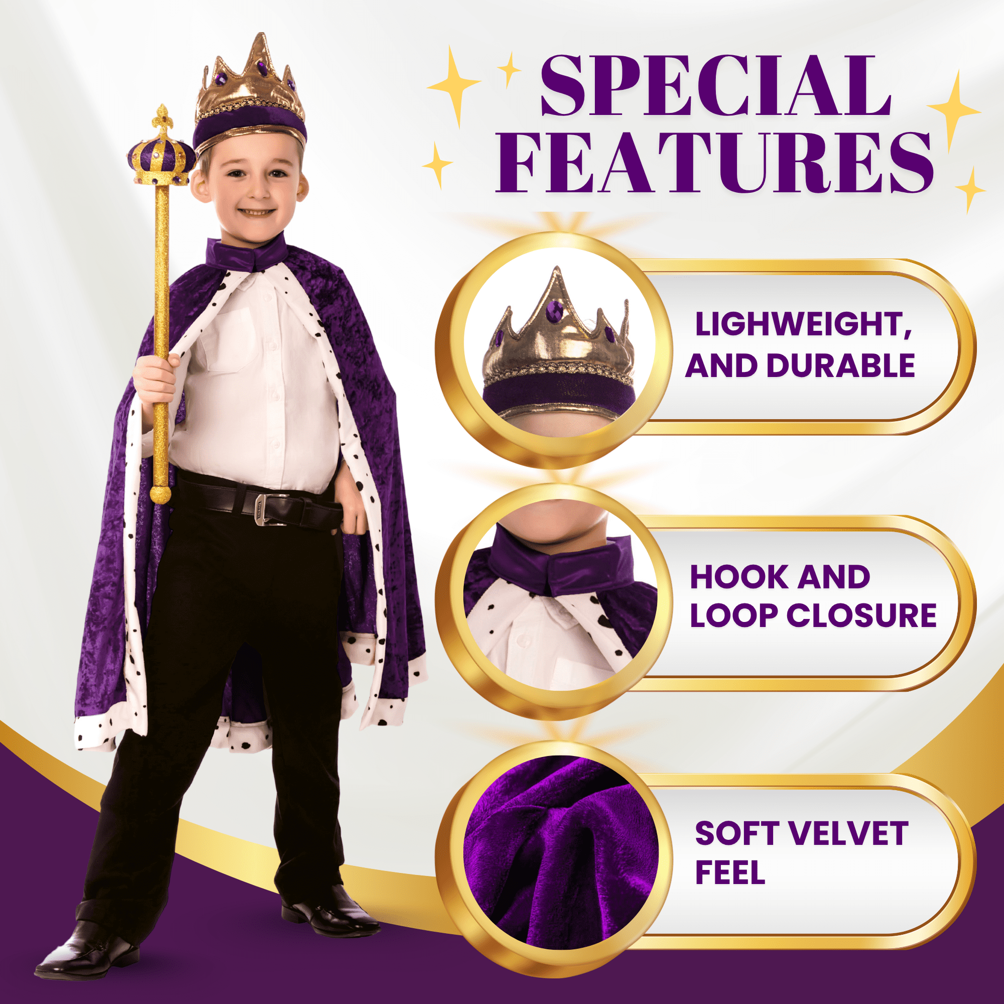 Dress Up America Couronne De Roi – Élastique Réglable, 3 Bijoux, Polyester, Bleu/Rouge/Violet