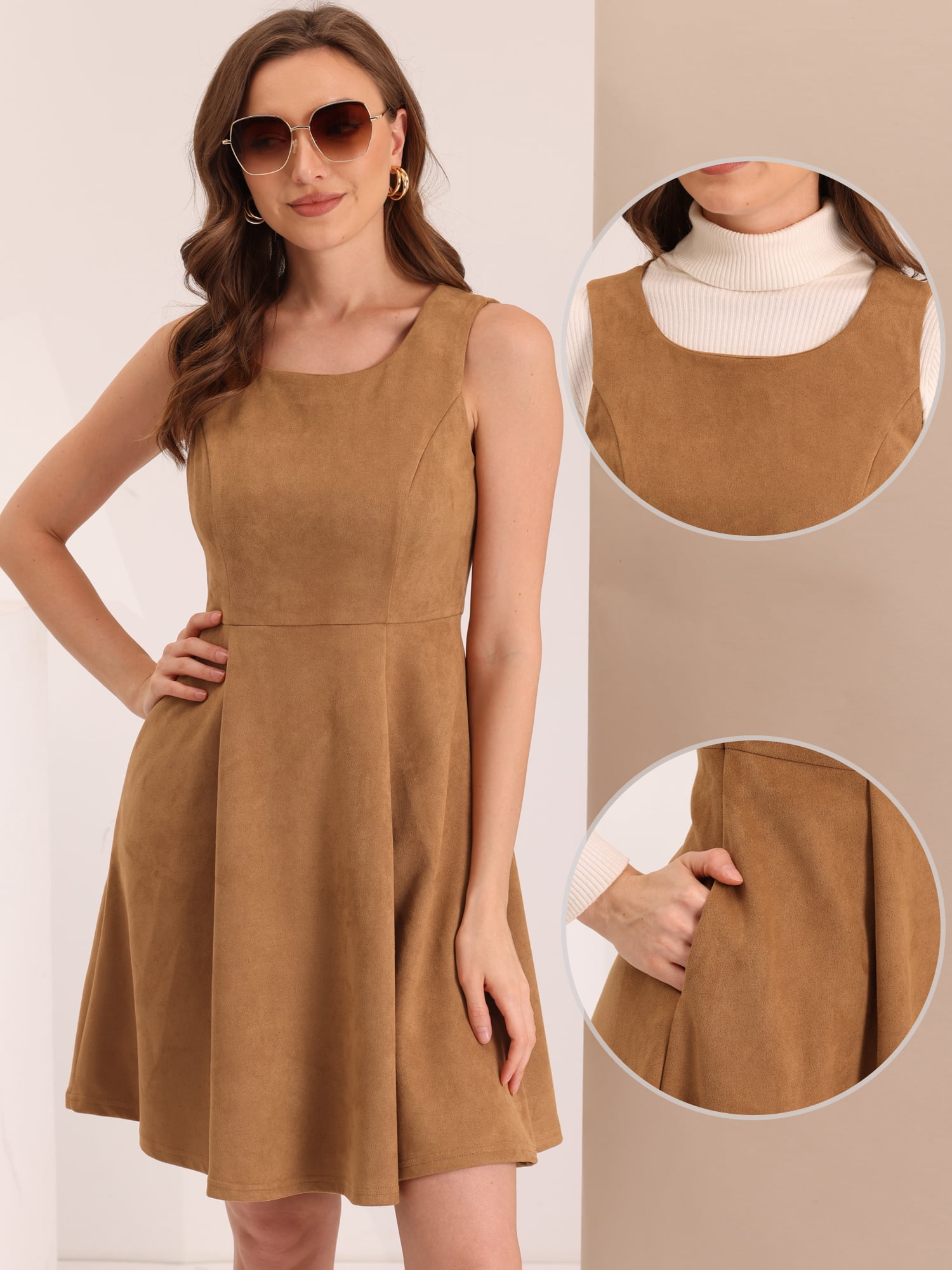 DARING DIVA Round Neck Sleeveless A-Line Pleated Faux Suede Overall Dress XL Brown