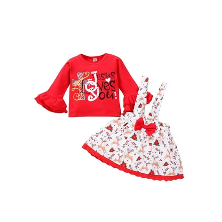 

FOCUSNORM Toddler Girls Christmas Flare Sleeves T-Shirt Reindeer Suspenders Skirt