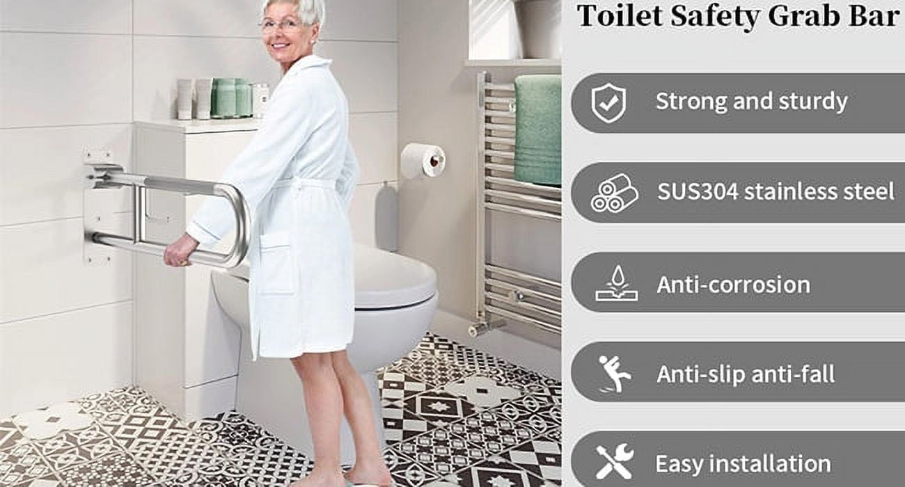 Toilet Grab Bar 30.3 Inch, ZUEXT U Shaped Anti-Slip Black Support Rail, Flip-Up Bathroom Grab Bar with Paper Holder, Stainless Steel Knurled Handicap Safety handrails for Elderly Disabled Pregnant