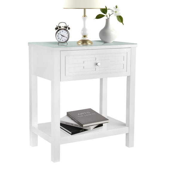 Yeulluey 23 inch White Nightstand with 1 Drawer, Wood End Table Bedside Table with Smooth Glass Surface for Bedroom, Living Room