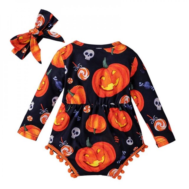 Body Bébé Mignon à Manches Longues avec Pompon + Bandeau Halloween