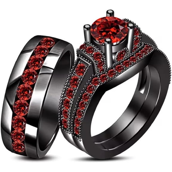 beryl_creation 1.20 Ct Round Cut Red Ruby Wedding Engagement Trio Ring Set 14K Black Gold Plated 925 Sterling Silver For Unisex -7