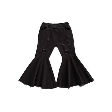 

Caitzr Bbay Girls Perforated Flared Pants Ruffle Bell Bottoms Flare Pants Ripped Denim Trousers