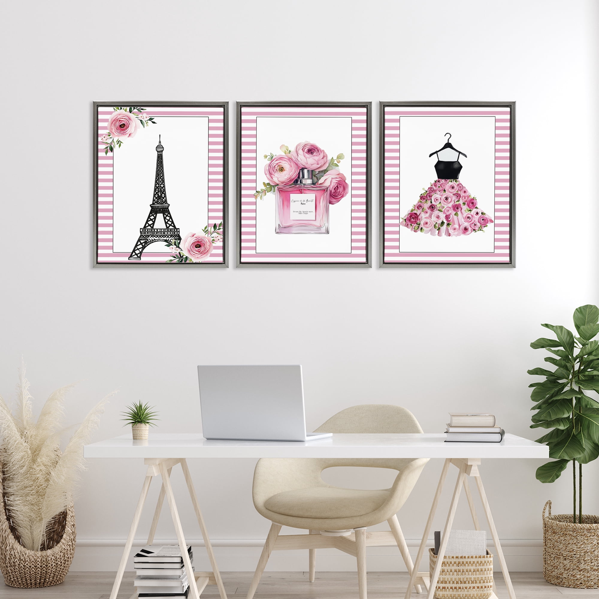 Parisian Glam with Stripes 3 Piece Gray Framed Floater Canvas Set, design by Christine Simpson Art