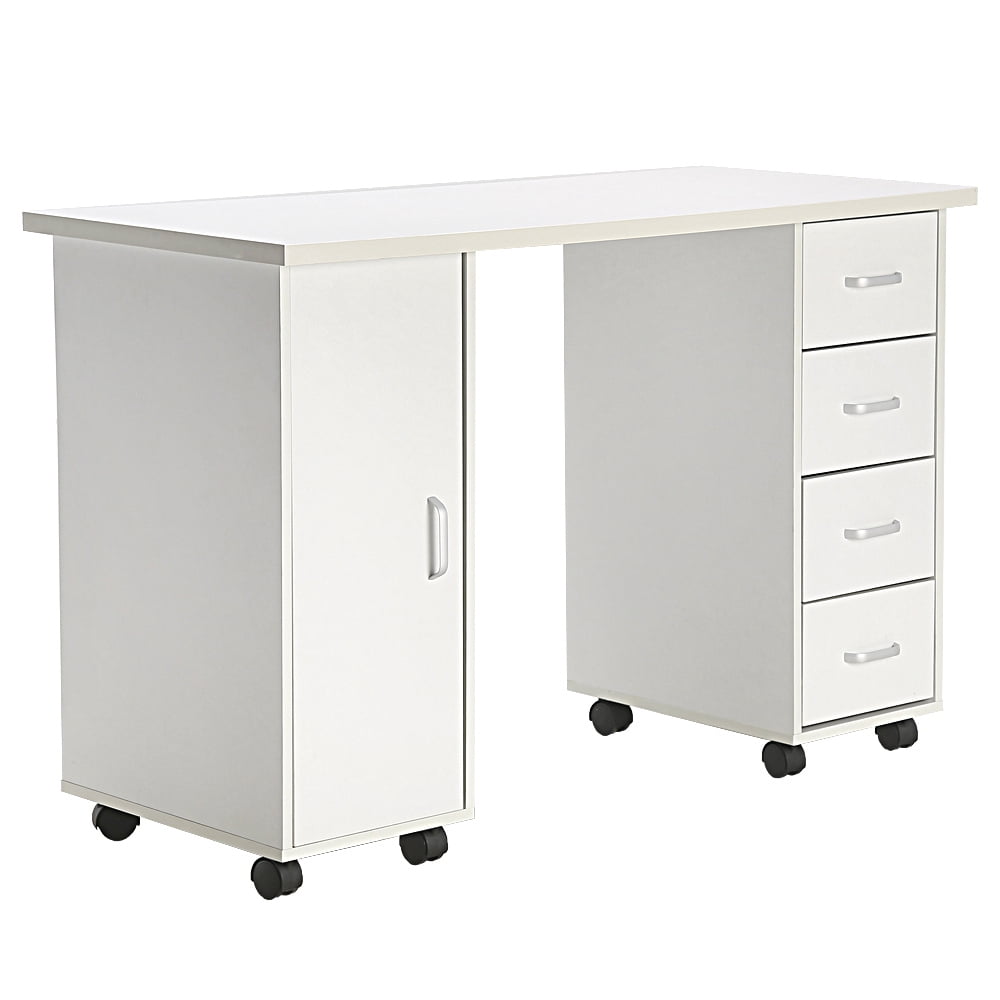 Nail Desk, Nail Table for Nail Tech with Wrist Pad, Manicure Table Computer Desk with Lockable Wheels, White