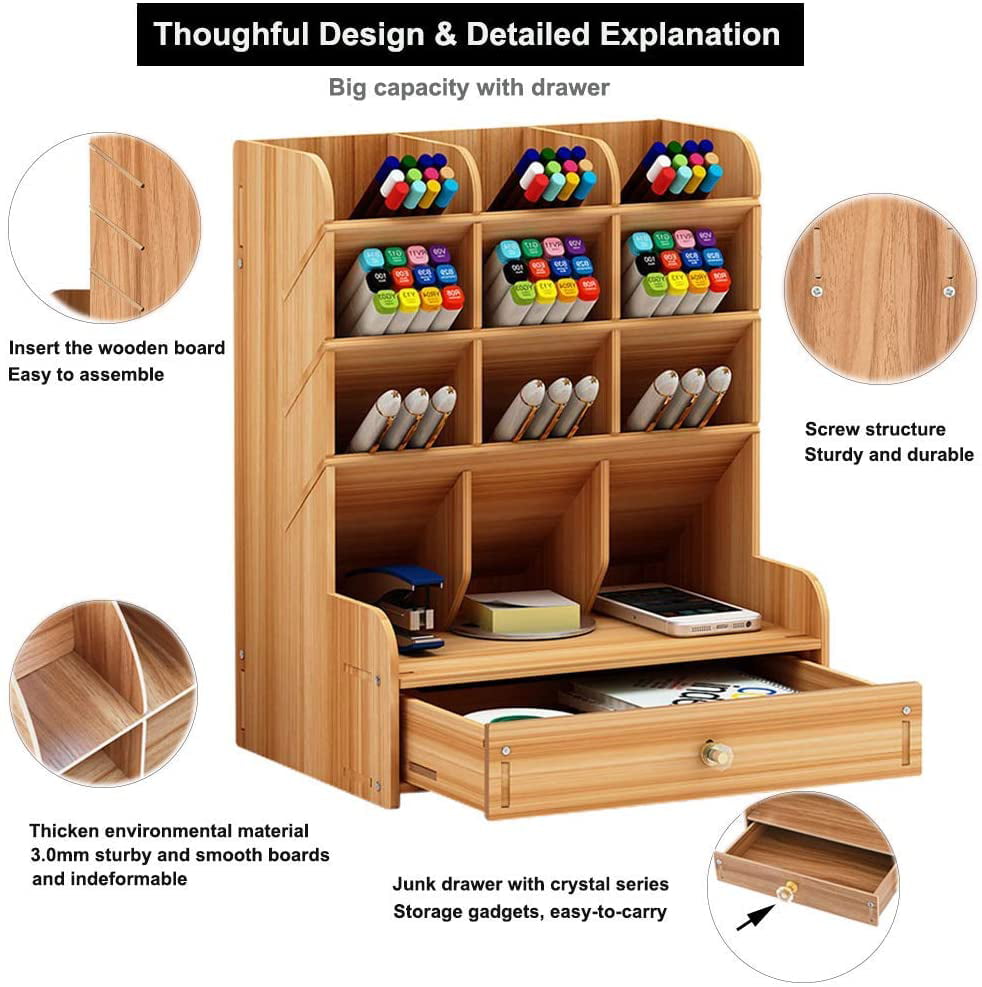 Catekro Wooden Desk Organizer Drawers Pen Holder Office Desk Organizer Office Supplies Storage Box 