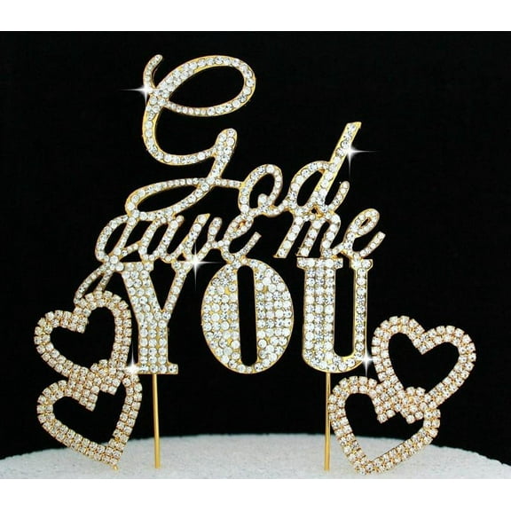 God Gave Me you Crystal Bling Gold Wedding Cake Topper with 2 Hearts Cake Picks