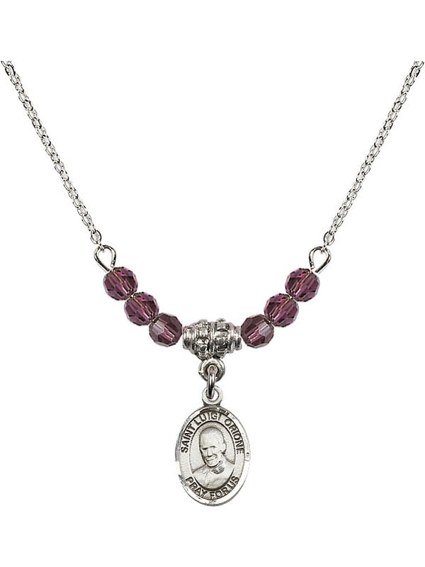 Bonyak Jewelry 18 Inch Rhodium Plated Necklace w/ 4mm Purple February Birth Month Stone Beads and Saint Luigi Orione Charm