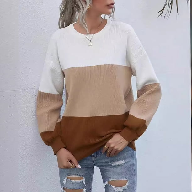 Suéter de cuello redondo para mujer, estilo elegante, cómodo, informal, cuello redondo, manga larga en contraste, suéter de punto, blusa para mujer