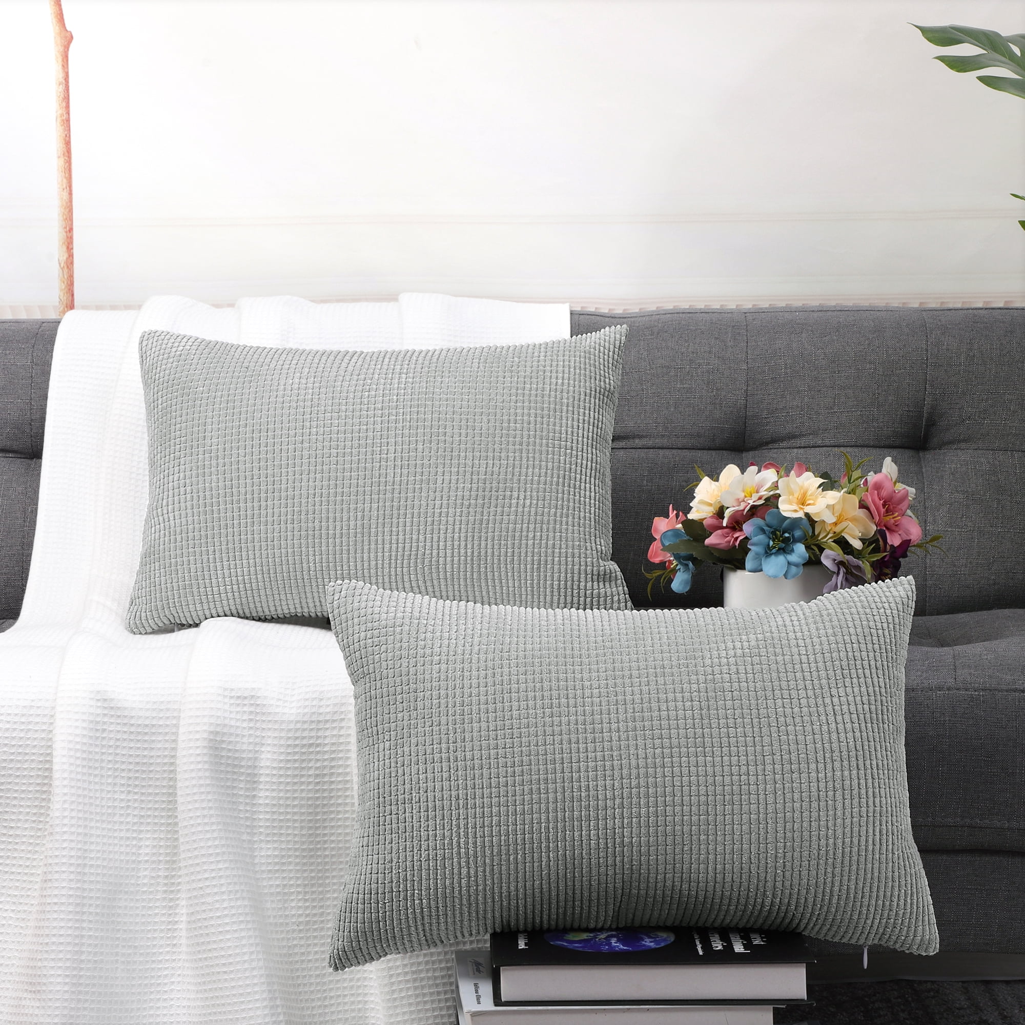 Unique Bargains 2-pcs Corduroy Decorative Throw Pillow Covers Light Gray 12"x18"