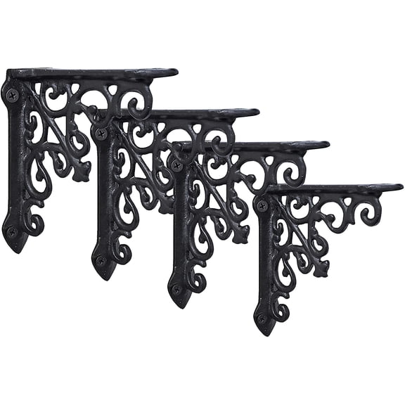 Decorative Shelf Brackets, 4 Pack of 5 x 1.2 x 5 inch, Black Cast Iron Wall Shelf Brackets - Decorative Bookshelf Brackets - Victorian Style Shelf Bracket