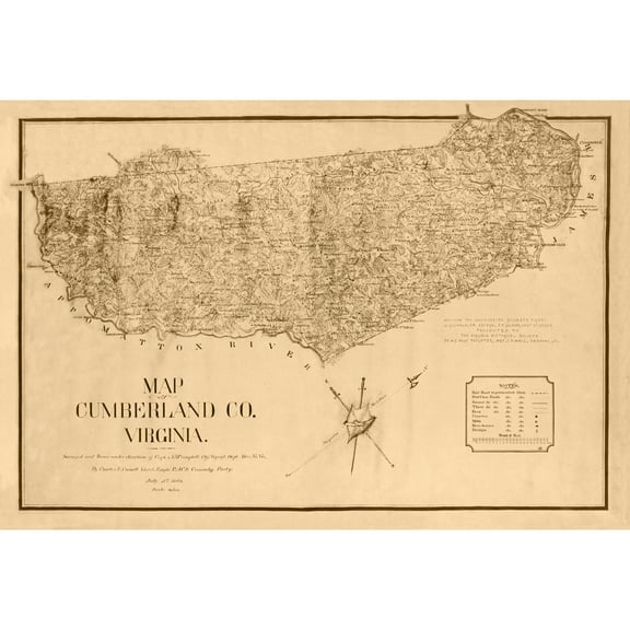 Historic County Map - Cumberland County Virginia - Campbell 1864 - Vintage Wall Art