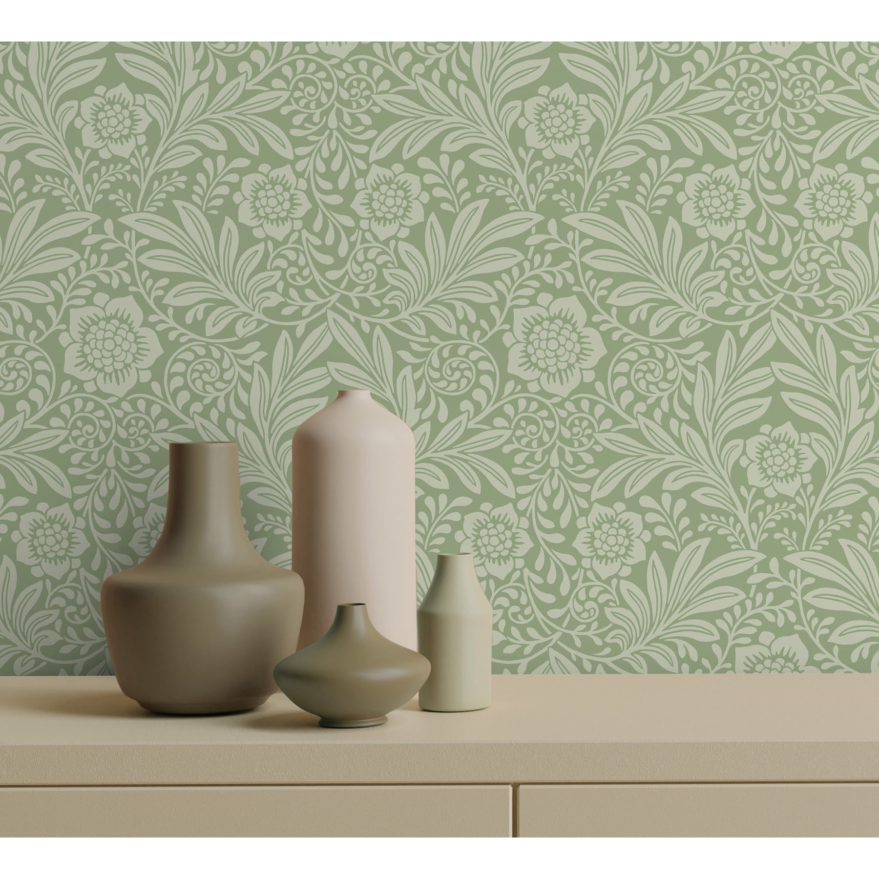 Fine Decor Camille Sage Damask Wallpaper, 20.5-in by 33-ft