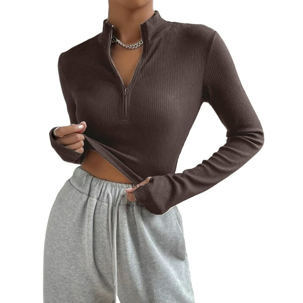 Camiseta corta ajustada acanalada de manga larga con cuello redondo para mujer, camiseta con cremallera, camiseta de manga larga de color sólido