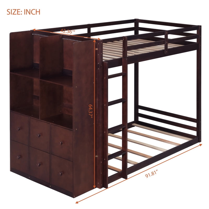 Twin-Over-Twin Size Teens Storage Bunk Bed with Drawers & Shelves, Kids Bed Frame with Built-In Ladder & LED Light Strip