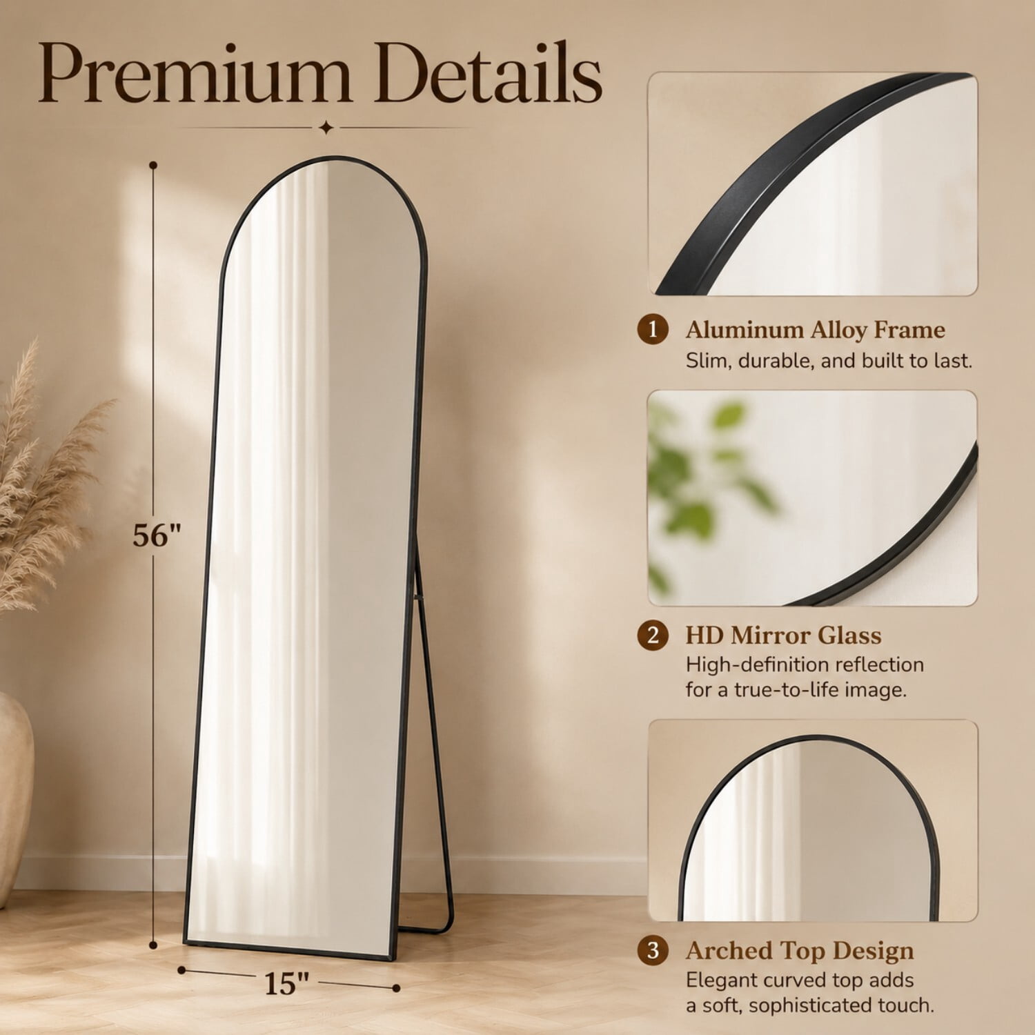 Easy4Home 56"x15" Arched Full Length Mirror Freestanding Full Body Floor Mirror, Black