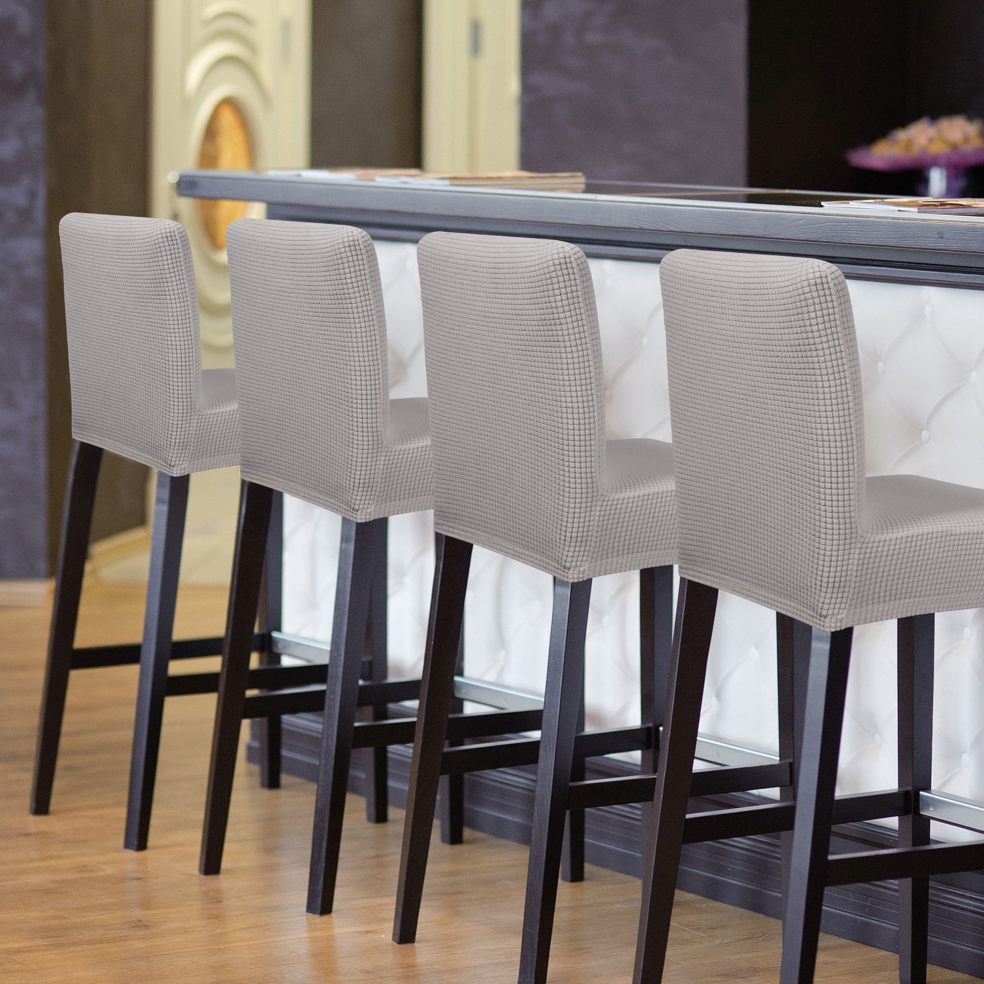Unique Bargains Polyester Stretch Bar Stool Covers Elastic Band Mid Back Chair Slipcover Light Grey 4 Pcs