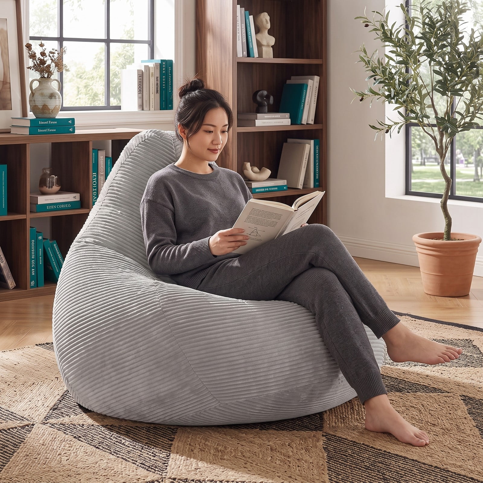 Furnibear Bean Bag Chair for Adults, Corduroy Lazy Lounger Accent Sofa with Soft Sponge Filling, Skin-Friendly Cover, Ergonomic Reading Gaming Seat for Bedroom, Gray