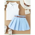 thumbnail image 3 of Suealasg Little Girls Two Piece Summer Clothes 6M 1T 2T 3T 4T 5T Toddler Kids Girls Turn-down Collar Tank Top with Pleated Skirt and Belt, 3 of 8