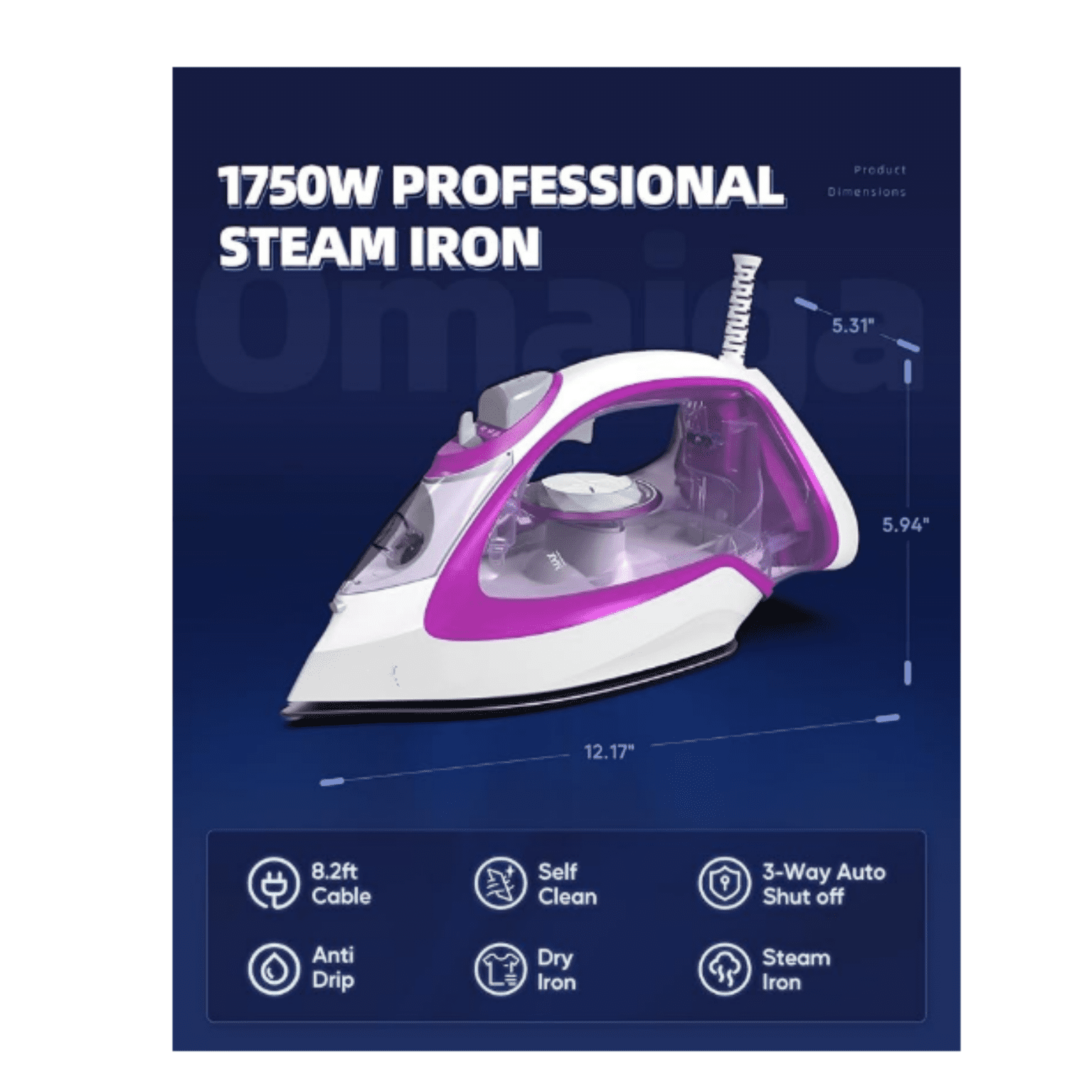 Steam Iron for Clothes, 1750W Iron with Rapid Heating, Non-Stick Ceramic Soleplate, Powerful Steam, Self-Cleaning, Auto-Off, Anti-Drip, 15.21oz Water Tank Ironing Clothes for Home, Purple