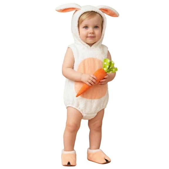 CUZIBR Girls Kids Baby Easter Romper Outfits Fuzzy Adorable Bunny Shap Long Sleeve Crewneck Jumpsuit Bodysuit With Hat Two Piece Cute Fashionable Character Photoshoots Clothes Sets,White,6-12 Months