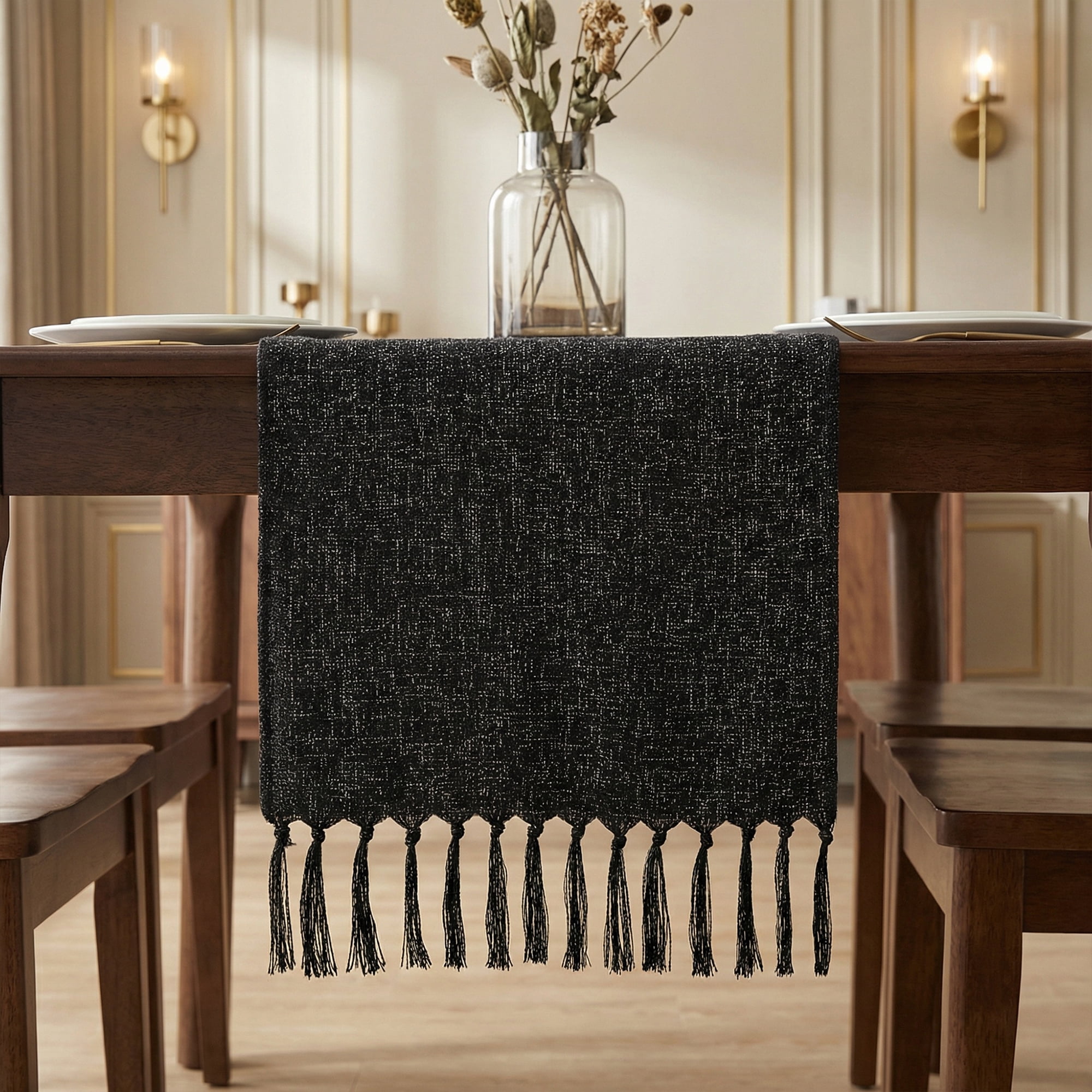 Unique Bargains Birthday Decorations Table Runner with Tassels Black 13x72in