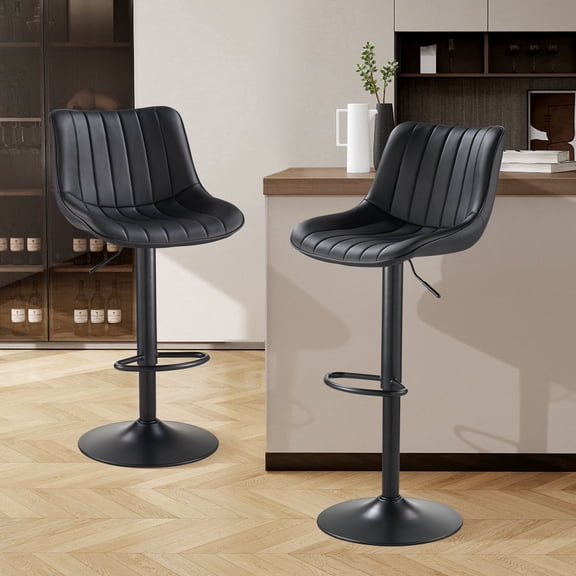 SAETSFEG Bar Stools Set of 2, Adjustable Swivel Counter Height Bar Stool with Footrest, Modern PU Leather Bar Chairs for Kitchen Island, Dining Room, Black