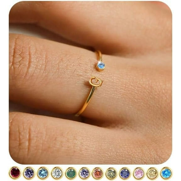 Initial Birthstone Rings for Women Non Tarnish Trendy Stackable Dainty Gold Letter Adjustable Emerald Green Cubic Zirconia Ring for Mothers Daughter Birthday Bridesmaid Gifts Jewelry