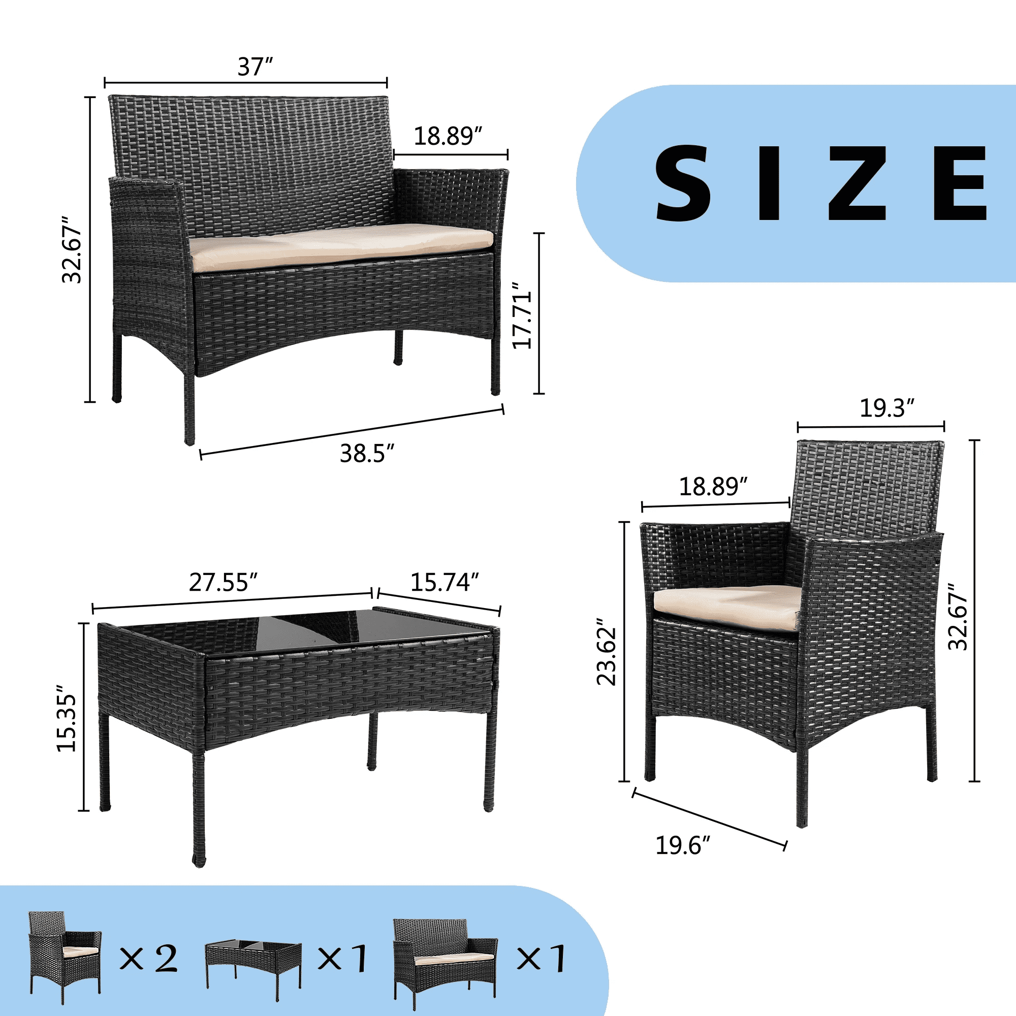 Walsunny 4-Piece Patio Rattan Furniture Set with Cushions & Tempered Glass Tabletop, White