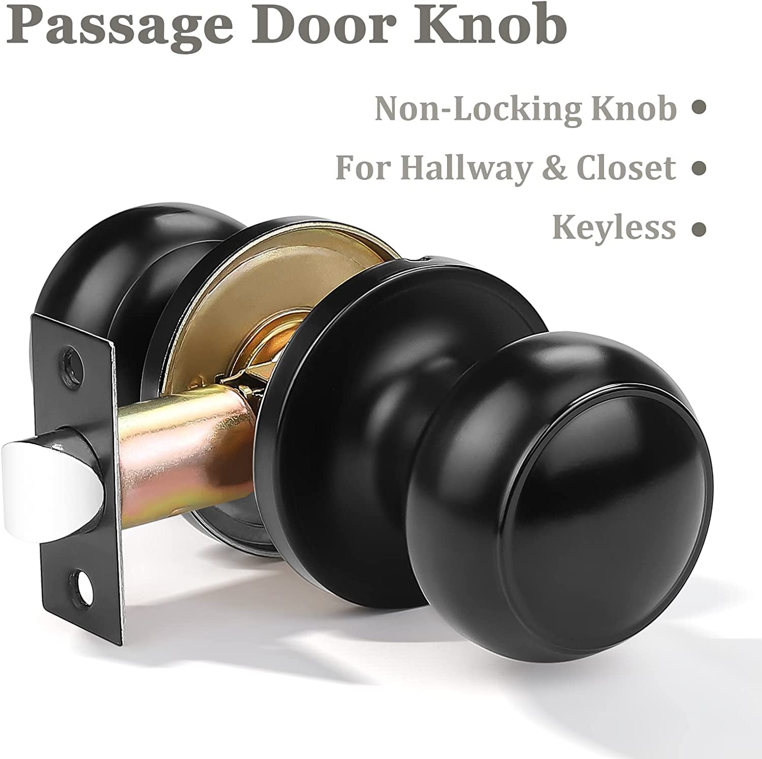 1 Pack Round Passage Door Knob(Non-Locking Knobs), Keyless Interior/Exterior Door Lockset,Passage Knobs for Hallway/Closet,Black Finish Modern Design Door Hardware