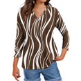 thumbnail image 4 of Women's Textured Print V-Neck Loose Fit 3/4 Sleeve Shirt, Casual T-Shirt Top with Flowy Silhouette for Summer Beachwear or Street Style,Brown M, 4 of 5